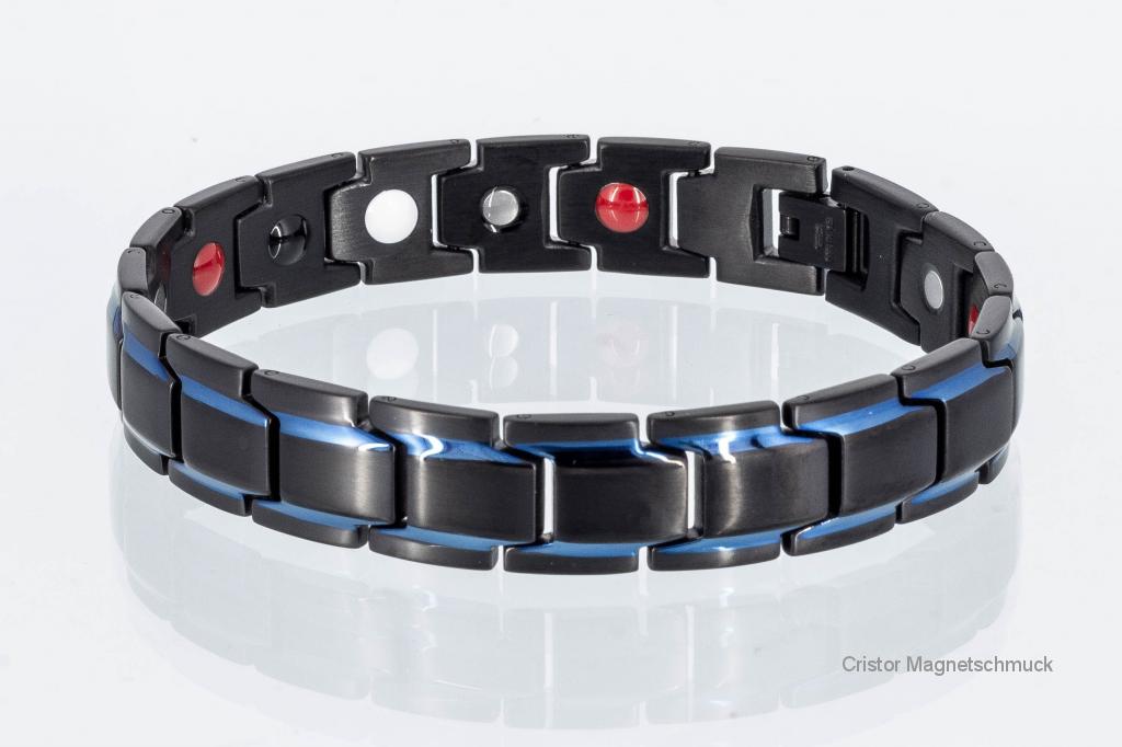 E8262BLblau - 4-Elemente Armband schwarz mit blauen Streifen