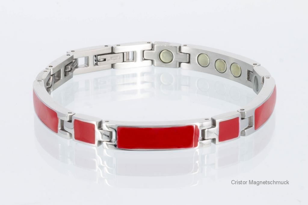8287Sd - Silberfarbenes Magnetarmband mit roter Emailleeinlage