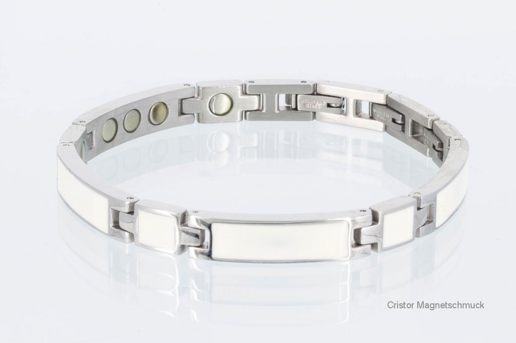 8287Sg - Silberfarbenes Magnetarmband mit weißer Emailleeinlage