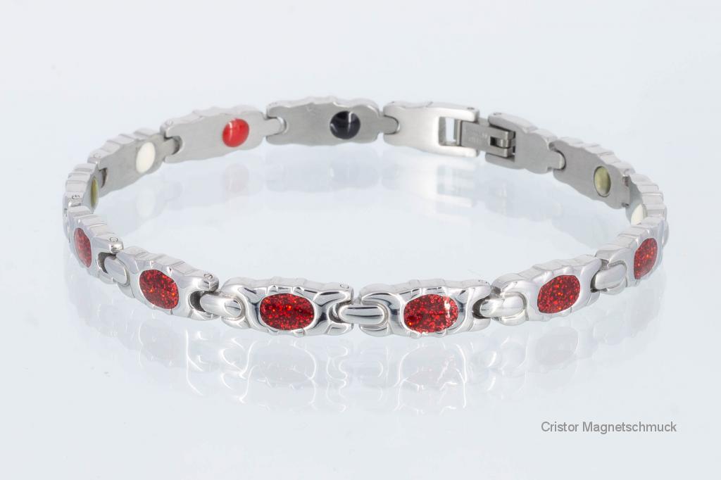 E8569Sa - 4-Elemente Armband silberfarben mit roten Einlagen
