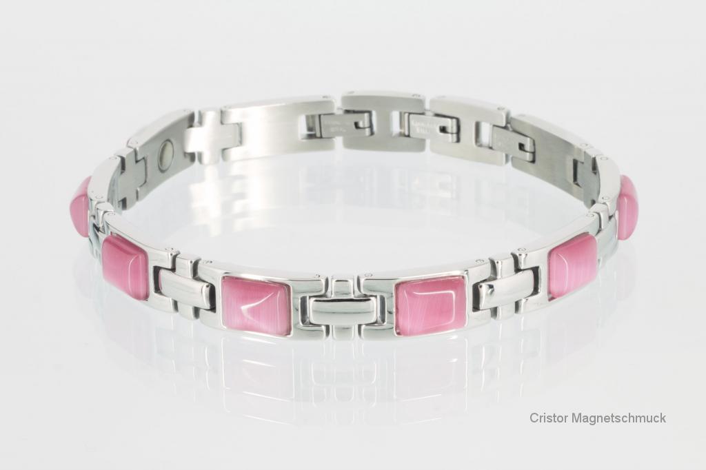 8125SR - Magnetarmband silberfarben mit rosafarbenen Steinen
