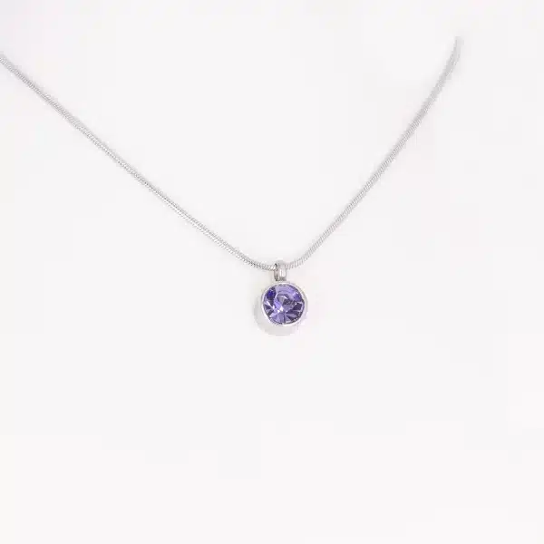 Ein Magnetanhänger mit einem lilafarbenen Zirkoniastein und Kette