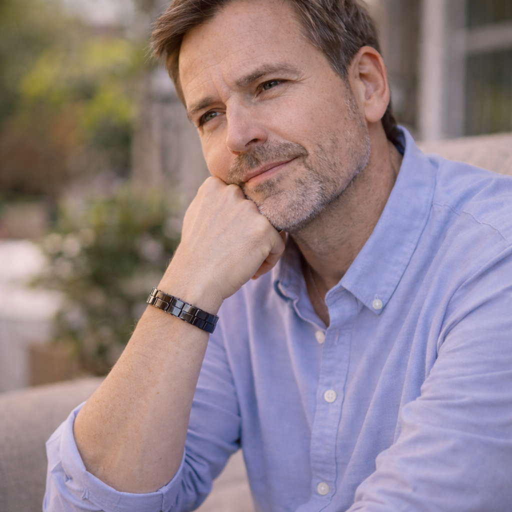 Mann sitzt im Außenbereich und trägt ein dunkles Magnetarmband am Handgelenk