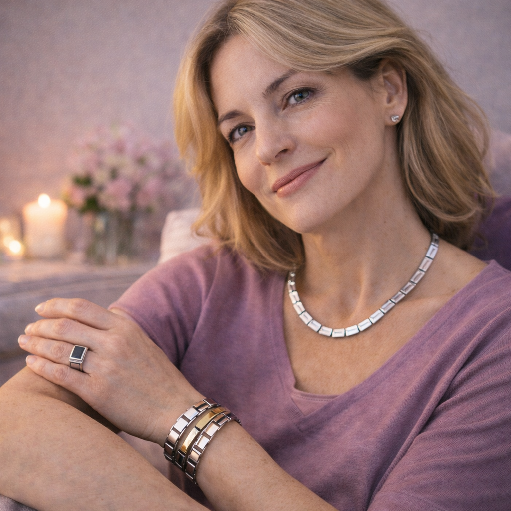 Frau trägt mehrere Magnetarmbänder am Handgelenk sowie eine Kette und einen Ring