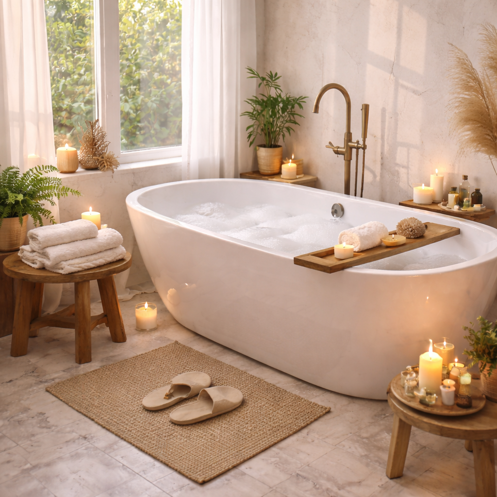 Helles Badezimmer mit freistehender Badewanne, Kerzen und natürlichen Dekoelementen