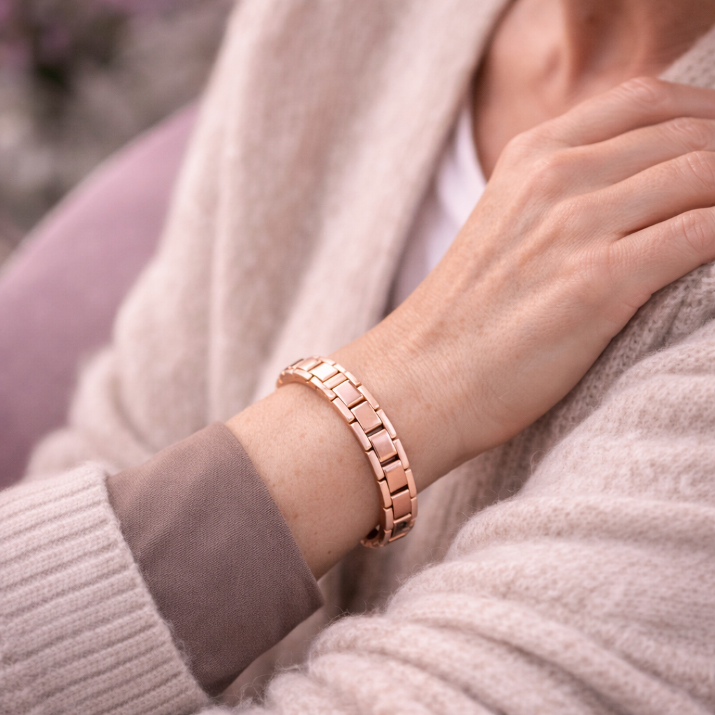 Roségoldenes Magnetarmband liegt direkt am Handgelenk einer Person