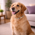 Golden Retriever sitzt im Wohnzimmer und trägt ein Magnet-Halsband