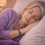Frau liegt mit geschlossenen Augen auf einem Kissen und trägt ein dunkles Magnetarmband am Handgelenk