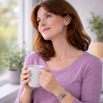 Frau hält eine Tasse in den Händen und trägt mehrere Magnetarmbänder am Handgelenk.