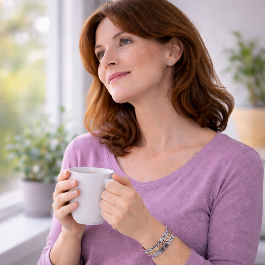 Frau hält eine Tasse in den Händen und trägt mehrere Magnetarmbänder am Handgelenk.
