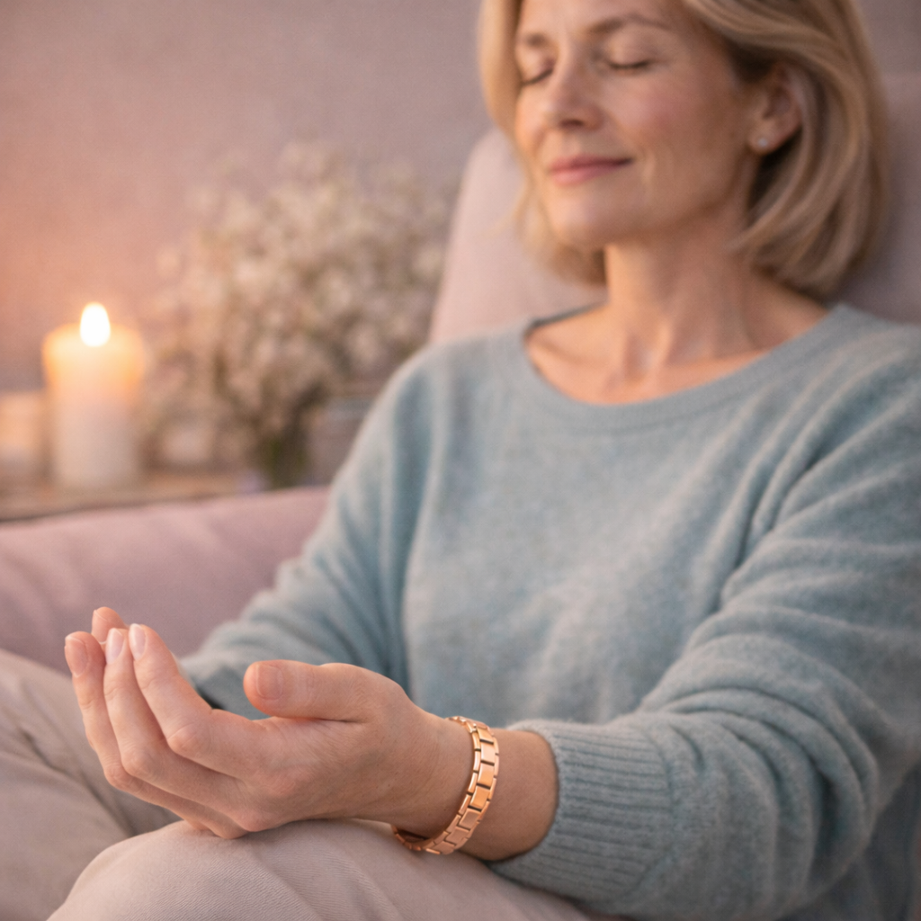 Frau sitzt mit geschlossenen Augen auf einem Sofa und trägt ein roségoldenes Magnetarmband