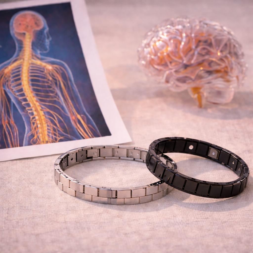 Zwei Magnetarmbänder liegen auf einer Tischfläche neben einer anatomischen Darstellung des Nervensystems